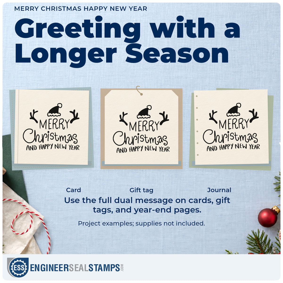 Three project examples made with the Merry Christmas And Happy New Year Rubber Stamp – Duo Hand, including hamper slot labels.
