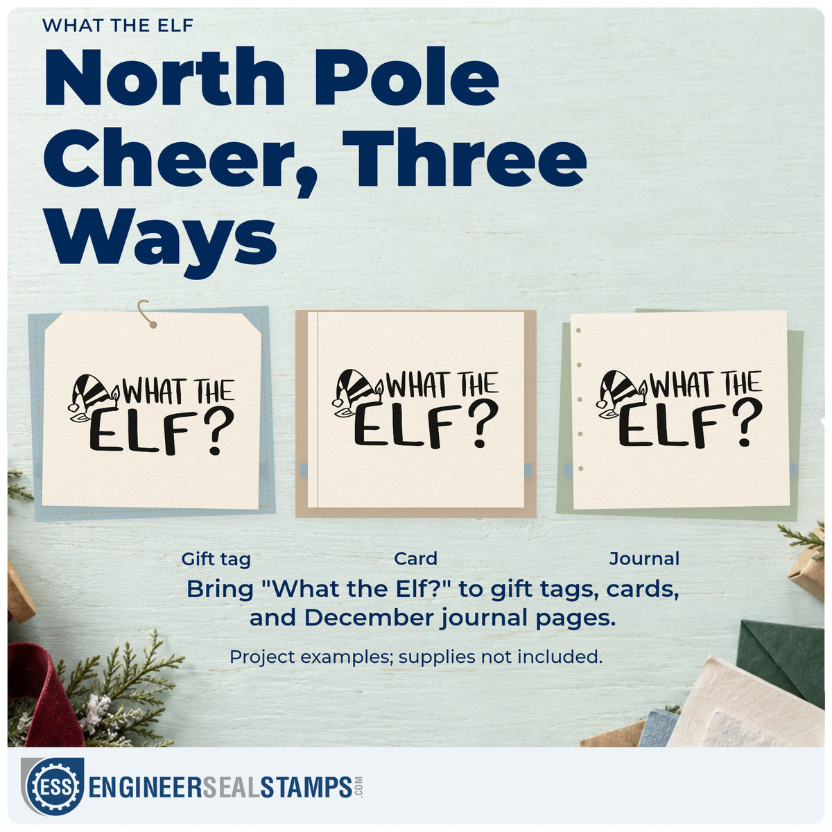Three project examples made with the What The Elf? Hat Wood Handle Stamp, including sweet jar labels.
