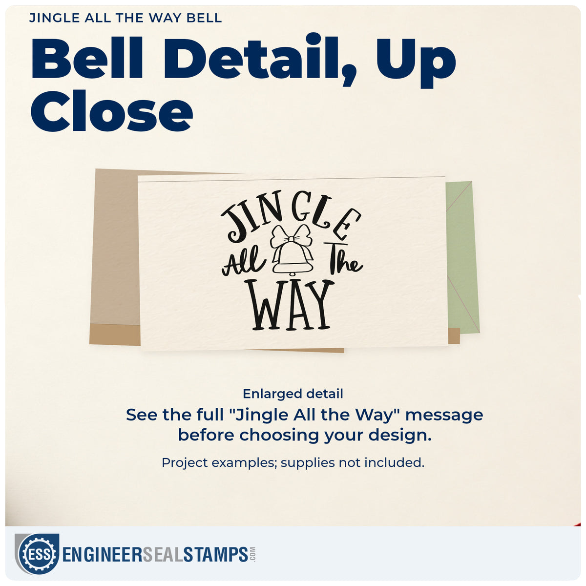 Enlarged detail of the Jingle All The Way Bell Bow Accent Stamp – Duo Hand imprint. “Jingle All the Way” surrounds a bell topped with a bow.