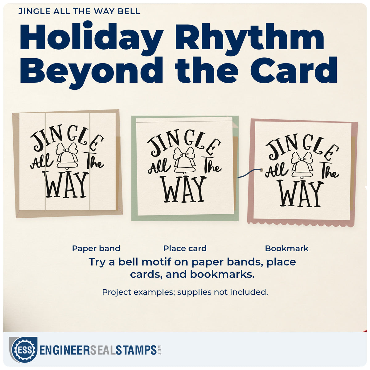 Three project examples made with the Jingle All The Way Bell Bow Accent Stamp – Premium Vintage Pro Wooden, including music class planners.