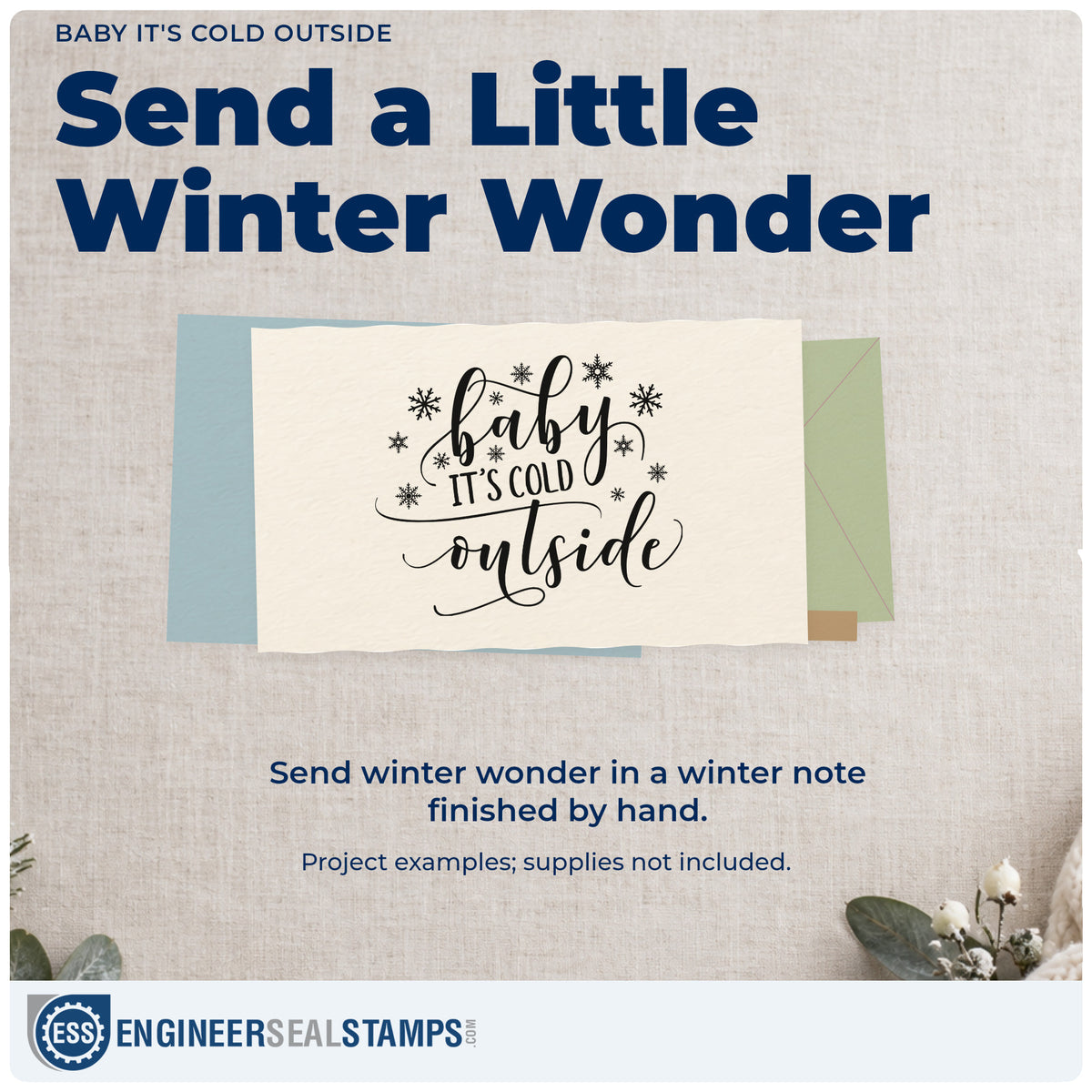 A finished handmade project stamped with the Duo Hand Baby It's Cold Outside Snowflakes Rubber Stamp, ideal for cocoa gift tags.