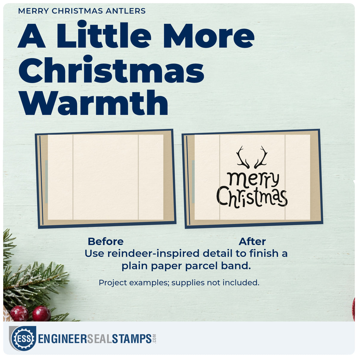 Before and after of a plain item finished with the Merry Christmas Antlers Hand Stamp – Duo, a quick upgrade for framed cabin decor.
