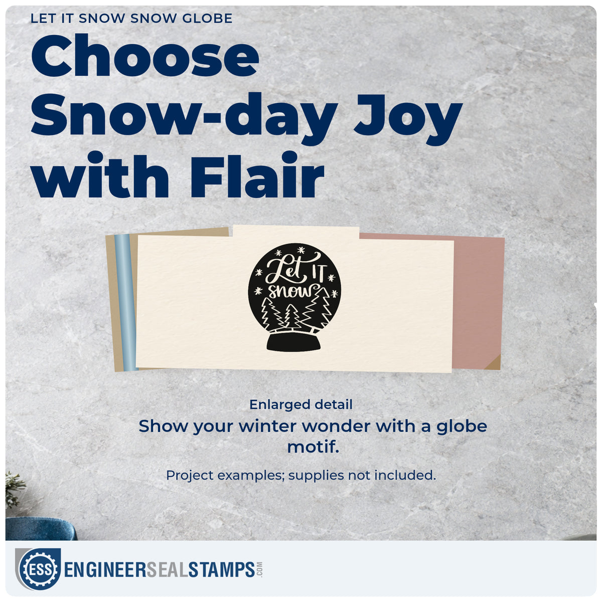 Enlarged detail of the Let It Snow With Trees And Snowflakes Rubber Stamp – Duo Hand imprint. “Let It Snow,” snowy trees, and snowflakes fill a dark snow globe silhouette.