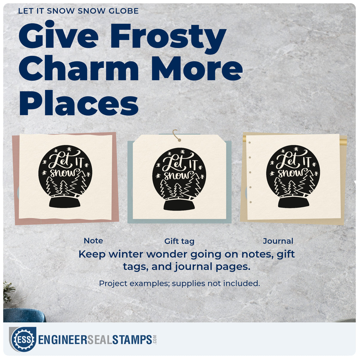 Three project examples made with the Let It Snow With Trees And Snowflakes Self-Inking Stamp, including weather log pages.