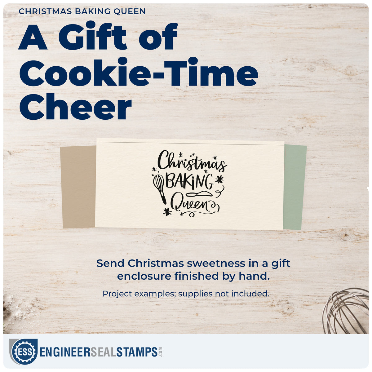 A finished handmade project stamped with the Whisk And Cake Server Christmas Baking Queen Slim Pre-Inked Stamp, ideal for recipe binder tabs.