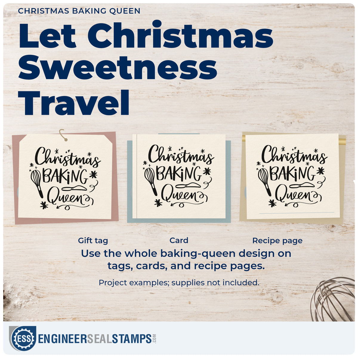 Three project examples made with the Whisk And Cake Server Christmas Baking Queen Slim Pre-Inked Stamp, including fair price cards.