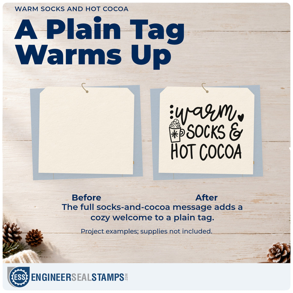 Before and after of a plain item finished with the Warm Socks & Hot Cocoa Snowflakes Rubber Stamp – Wood Handle, a quick upgrade for framed den corner.