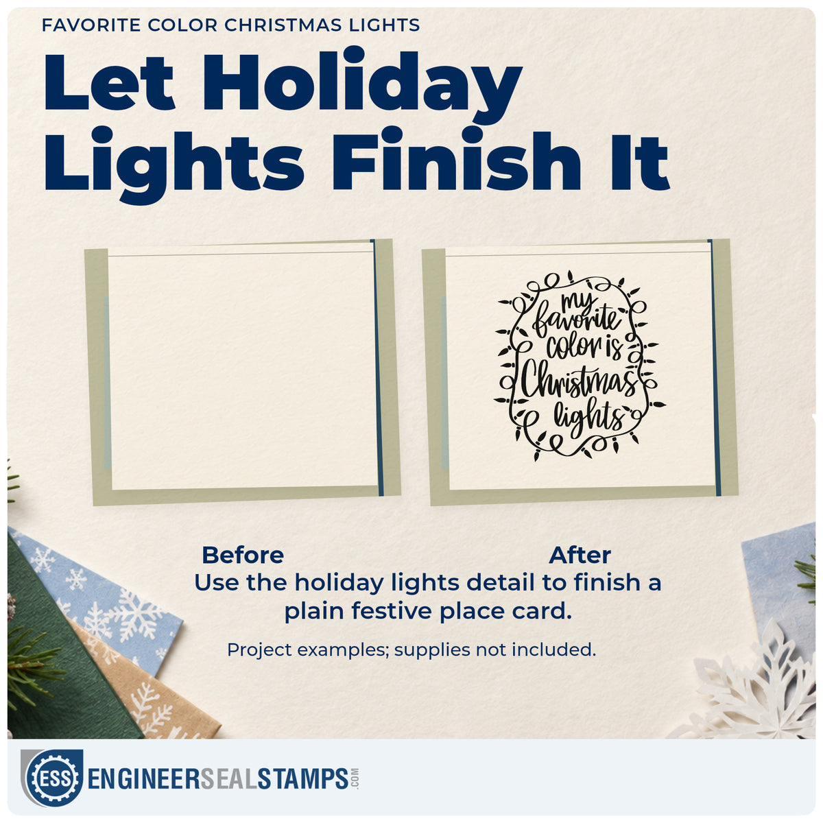 Before and after of a plain item finished with the Wood Handle My Favorite Color Is Christmas Lights Rubber Stamp, a quick upgrade for framed porch sign.