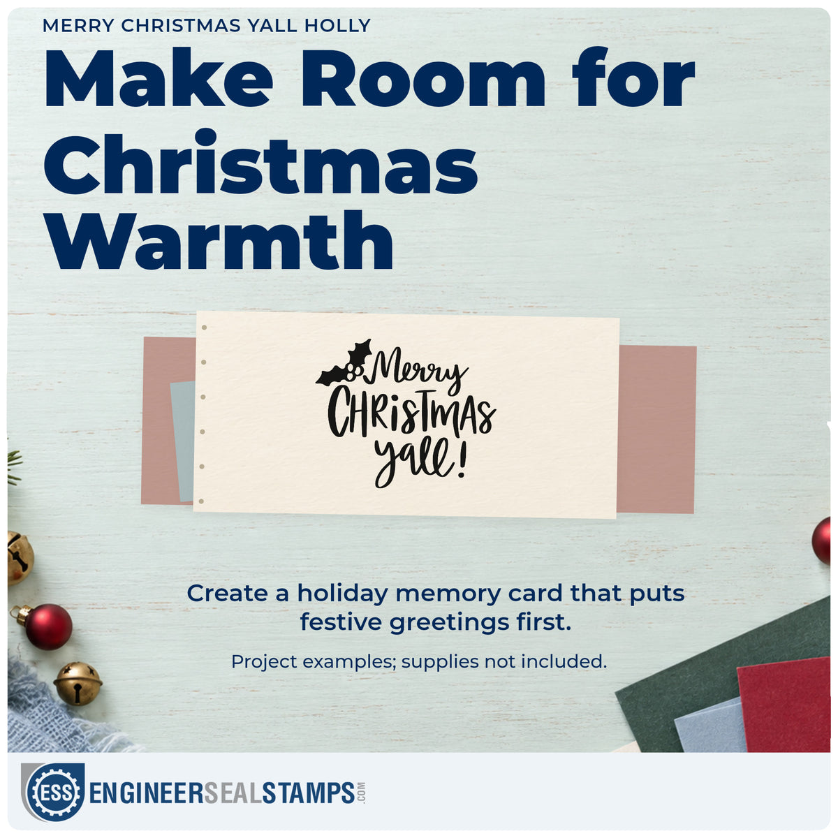 A finished handmade project stamped with the Merry Christmas Yall Holly Rubber Stamp – Duo Hand, ideal for family reunion album.
