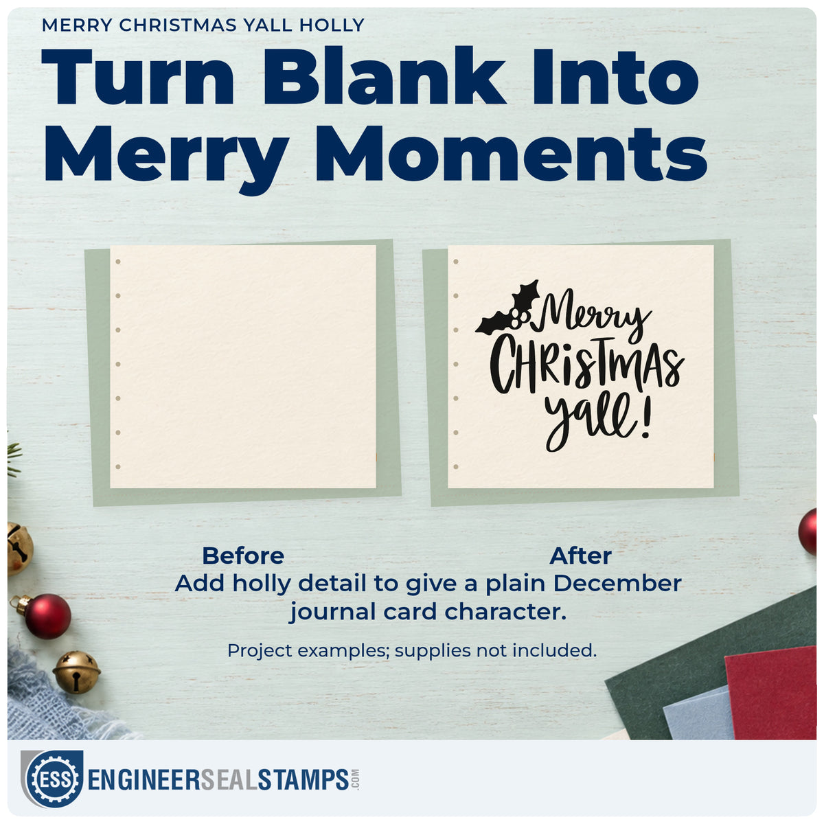 Before and after of a plain item finished with the Merry Christmas Yall Holly Pre-Inked Stamp – PSI, a quick upgrade for framed screen porch.