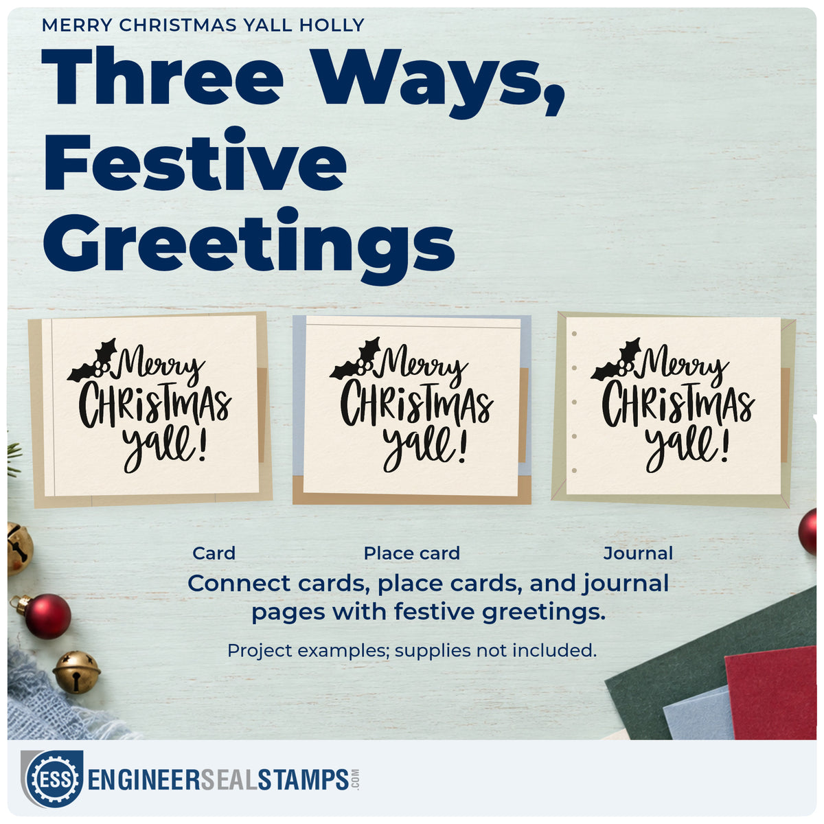 Three project examples made with the Merry Christmas Yall Holly Rubber Stamp – Duo Hand, including casserole sign up sheet.