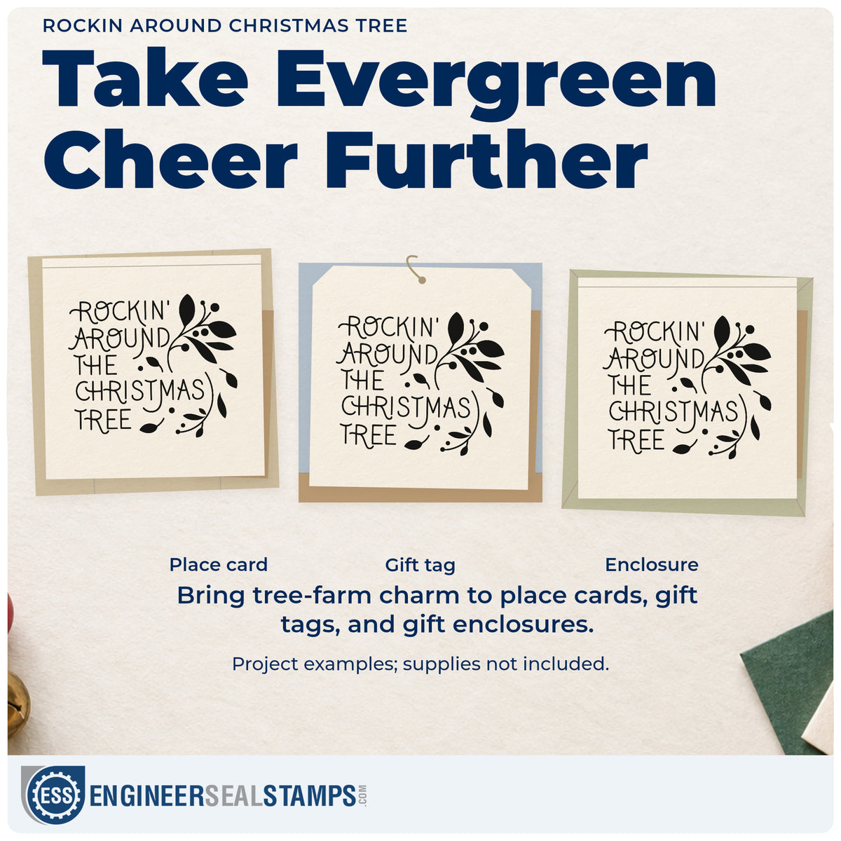 Three project examples made with the Self-Inking Rockin Around Christmas Tree Stamp, including dance recital programs.