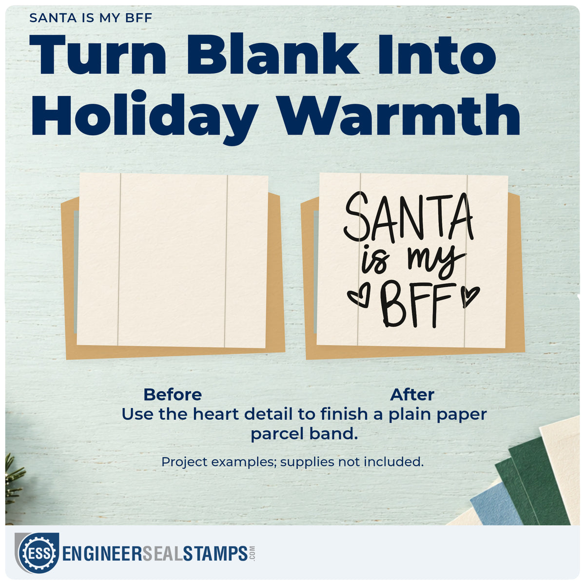 Before and after of a plain item finished with the Santa Is My BFF PSI Pre-Inked Stamp, a quick upgrade for framed dorm shelf.