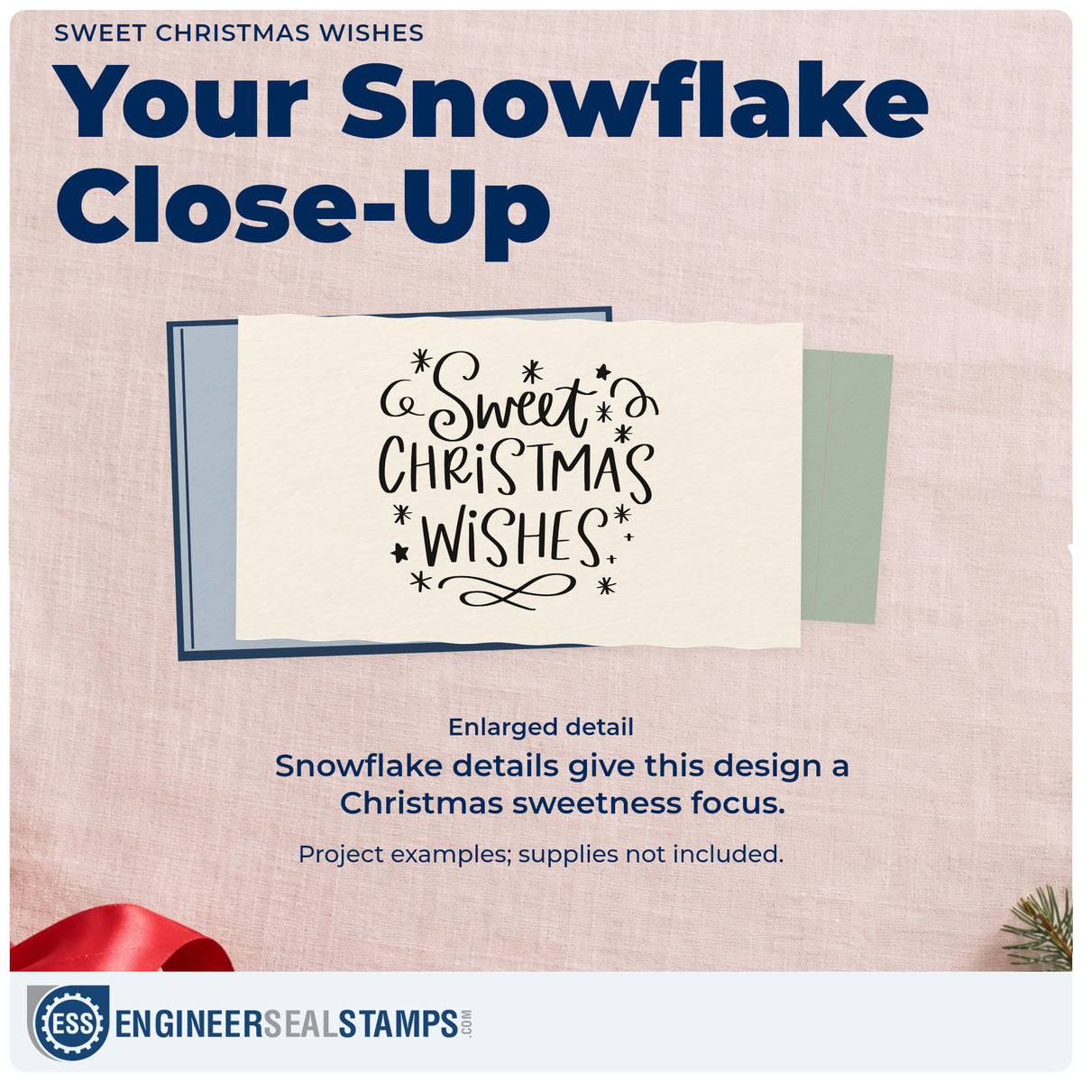 Enlarged detail of the Duo Hand Sweet Christmas Wishes Snowflakes Rubber Stamp imprint. “Sweet Christmas Wishes” is surrounded by stars, snowflakes, and ornamental curls.