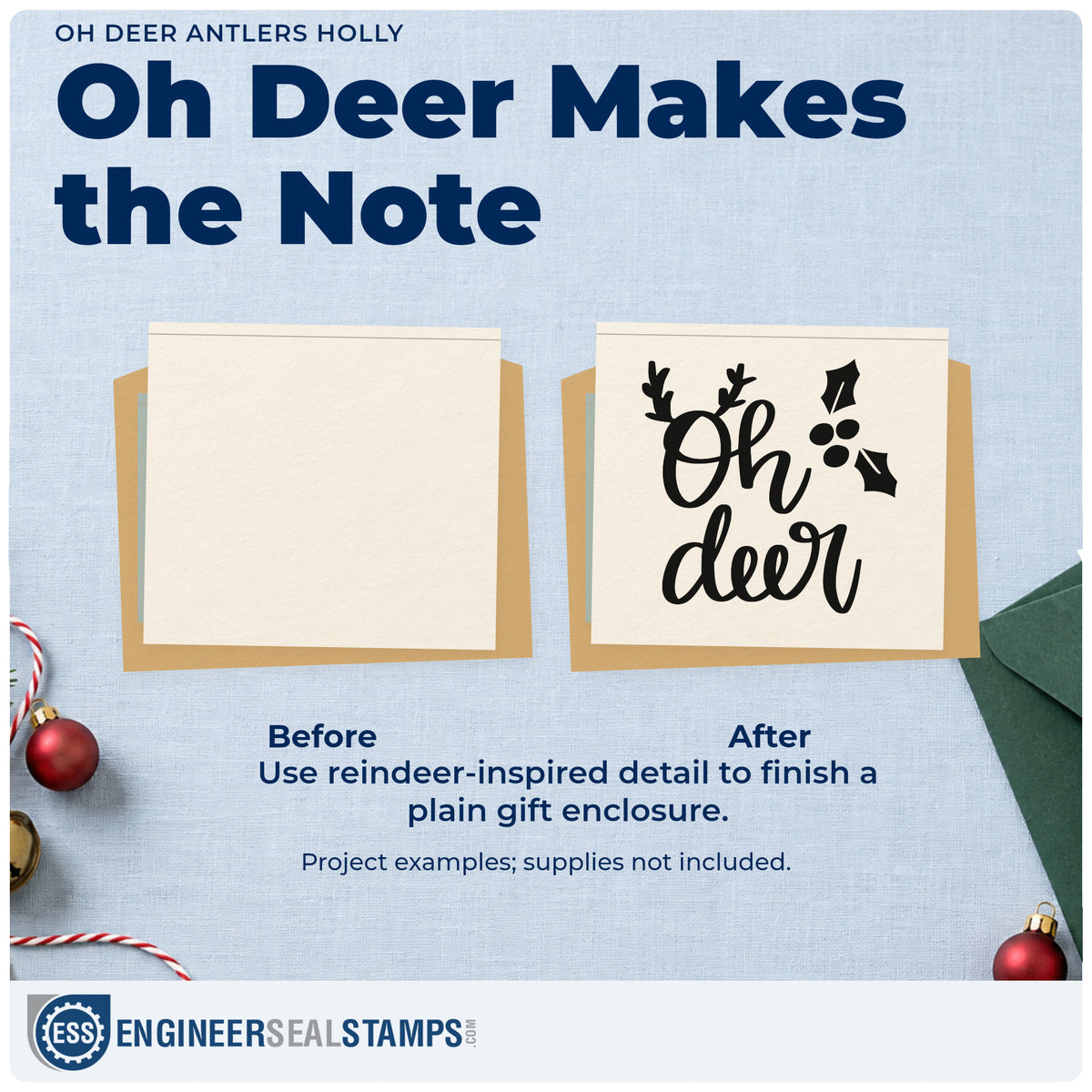 Before and after of a plain item finished with the Holly And Antlers Oh Deer Stamp – Self-Inking, a quick upgrade for framed lodge beam.
