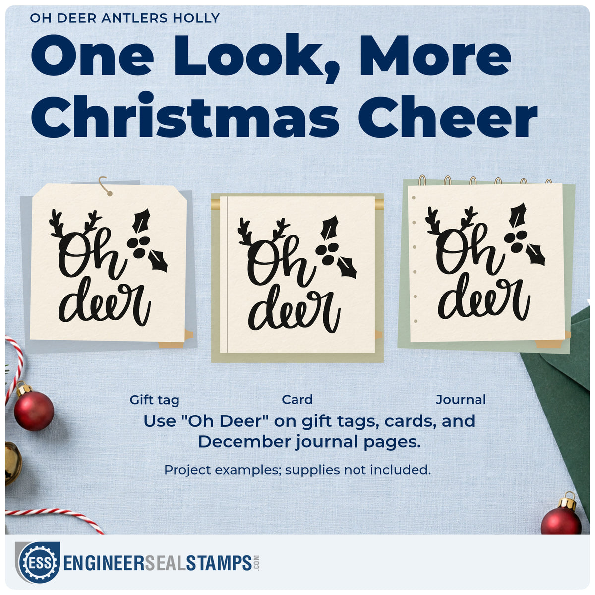 Three project examples made with the Holly And Antlers Oh Deer Stamp – Self-Inking, including trail cam log sheet.