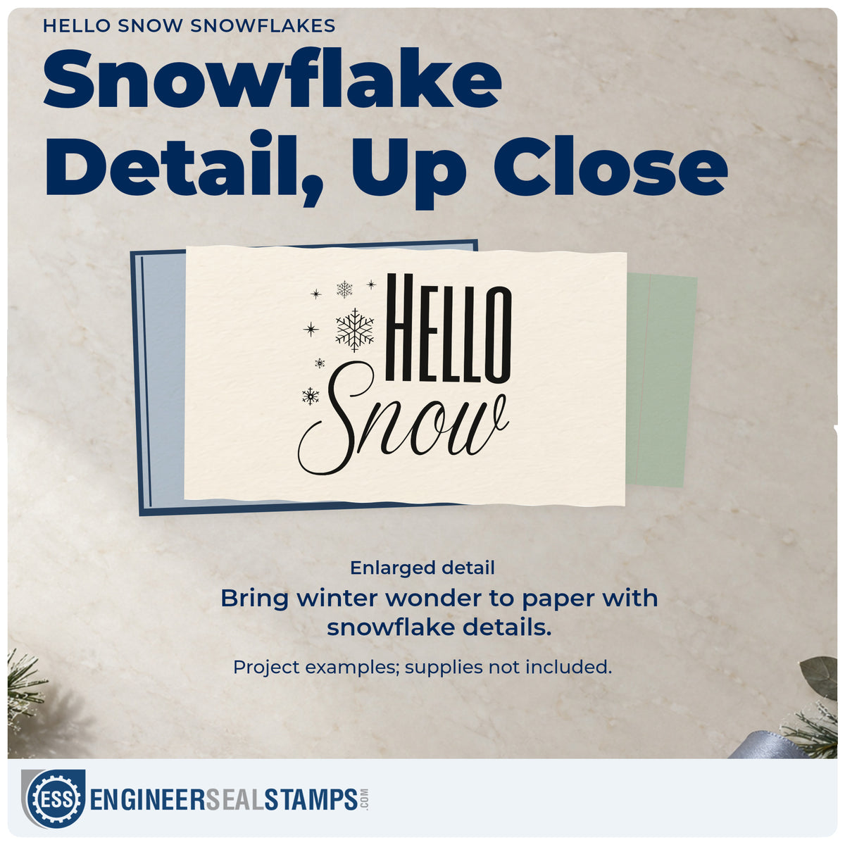 Enlarged detail of the Hello Snow Snowflakes Script Lettering Wood Handle Stamp imprint. Bold “Hello” sits above thin script “Snow” beside scattered snowflakes.
