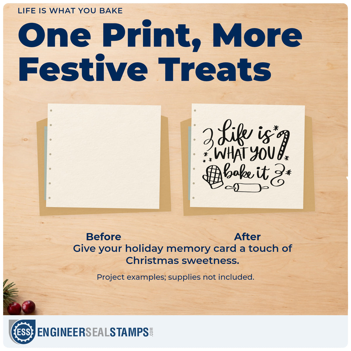 Before and after of a plain item finished with the Life Is What You Bake It Pre-Inked Stamp – Slim, a quick upgrade for framed bakery counter.