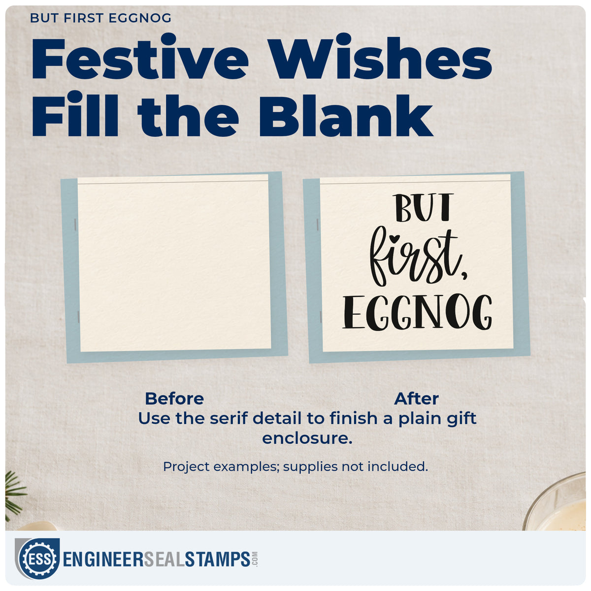 Before and after of a plain item finished with the PSI Pre-Inked But First Eggnog Stamp, a quick upgrade for framed serving nook.