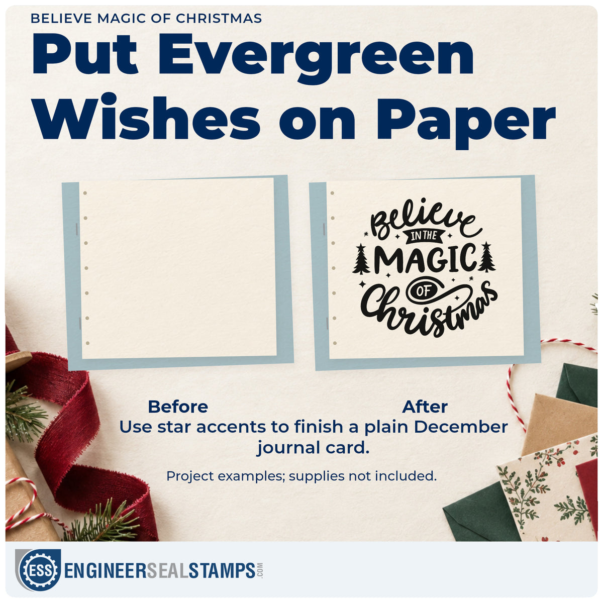 Before and after of a plain item finished with the Believe In The Magic Of Christmas PSI Pre-Inked Stamp, a quick upgrade for framed stairwell art.