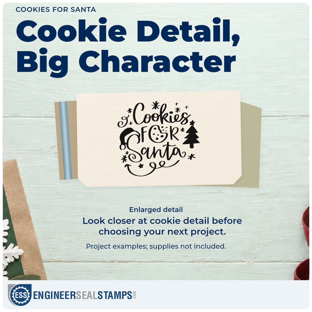Enlarged detail of the Cookies For Santa Tree Motif Slim Pre-Inked Stamp imprint. “Cookies for Santa” features a cookie, Santa hat, tree, stars, and curls.