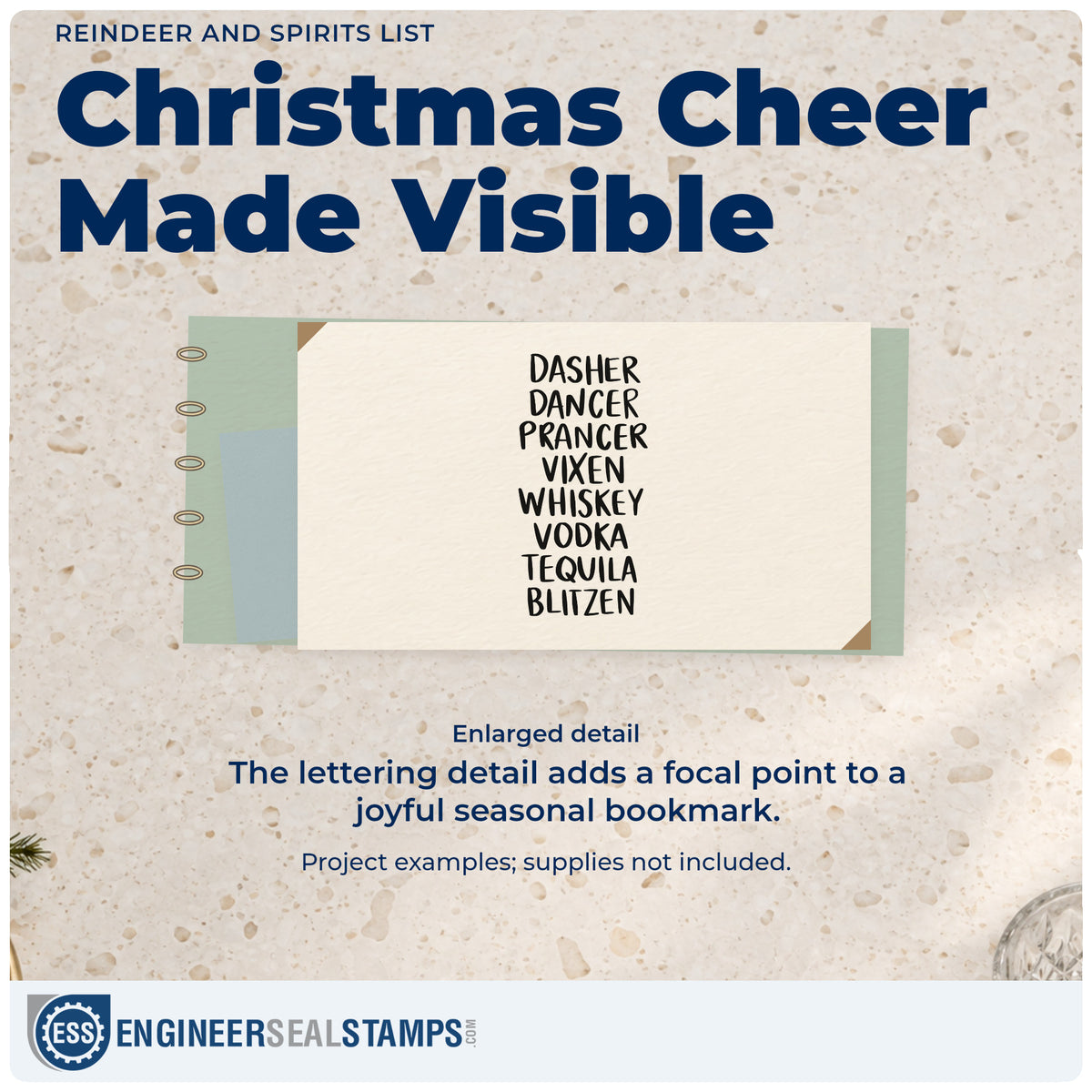 Enlarged detail of the Reindeer And Spirits List Stamp – Self-Inking imprint. Stacked text lists “Dasher Dancer Prancer Vixen Whiskey Vodka Tequila Blitzen.”
