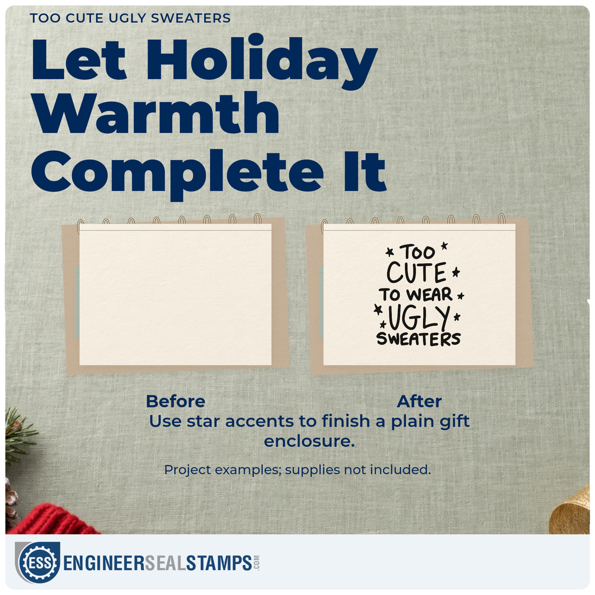 Before and after of a plain item finished with the Too Cute To Wear Ugly Sweaters Pre-Inked Stamp – Slim, a quick upgrade for framed closet door.