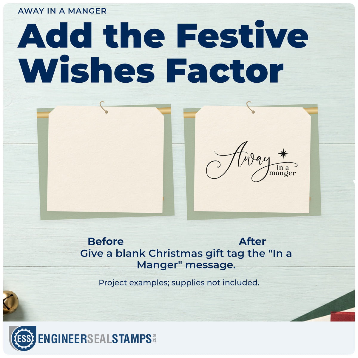 Before and after of a plain item finished with the Slim Pre-Inked Away In A Manger With Stars Stamp, a quick upgrade for framed classroom door.