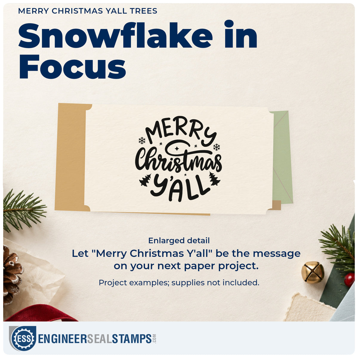 Enlarged detail of the Merry Christmas Yall Trees Snowflakes Pre-Inked Stamp – PSI imprint. “Merry Christmas Y'all” is decorated with small trees, snowflakes, and sparkles.