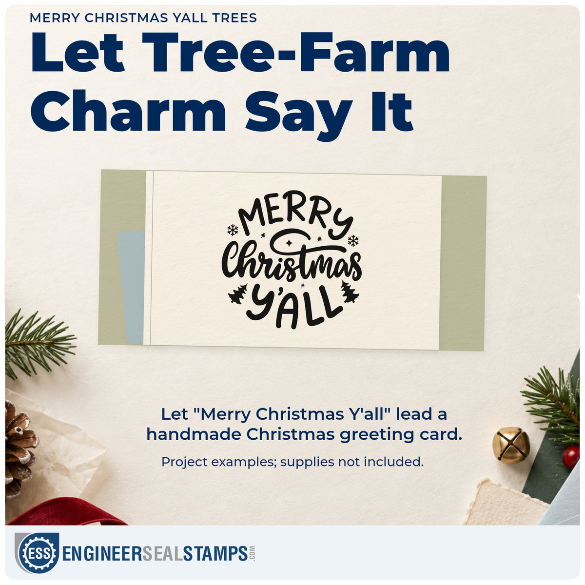 A finished handmade project stamped with the Merry Christmas Yall Trees Snowflakes Slim Pre-Inked Stamp, ideal for small town album page.