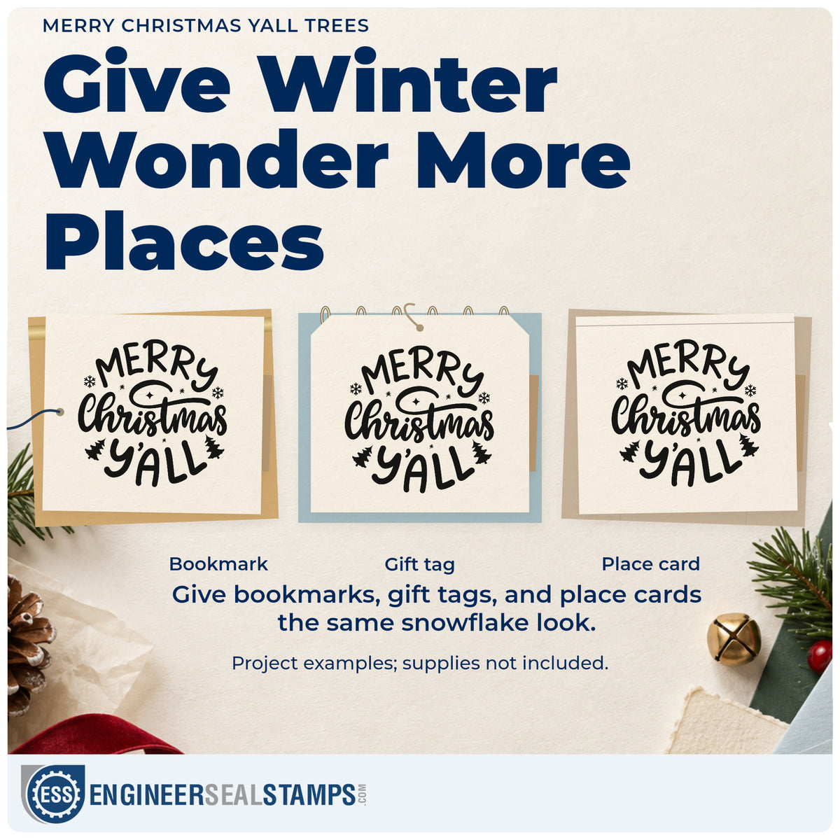 Three project examples made with the Merry Christmas Yall Trees Snowflakes Rubber Stamp – Wood Handle, including tailgate plan sheet.