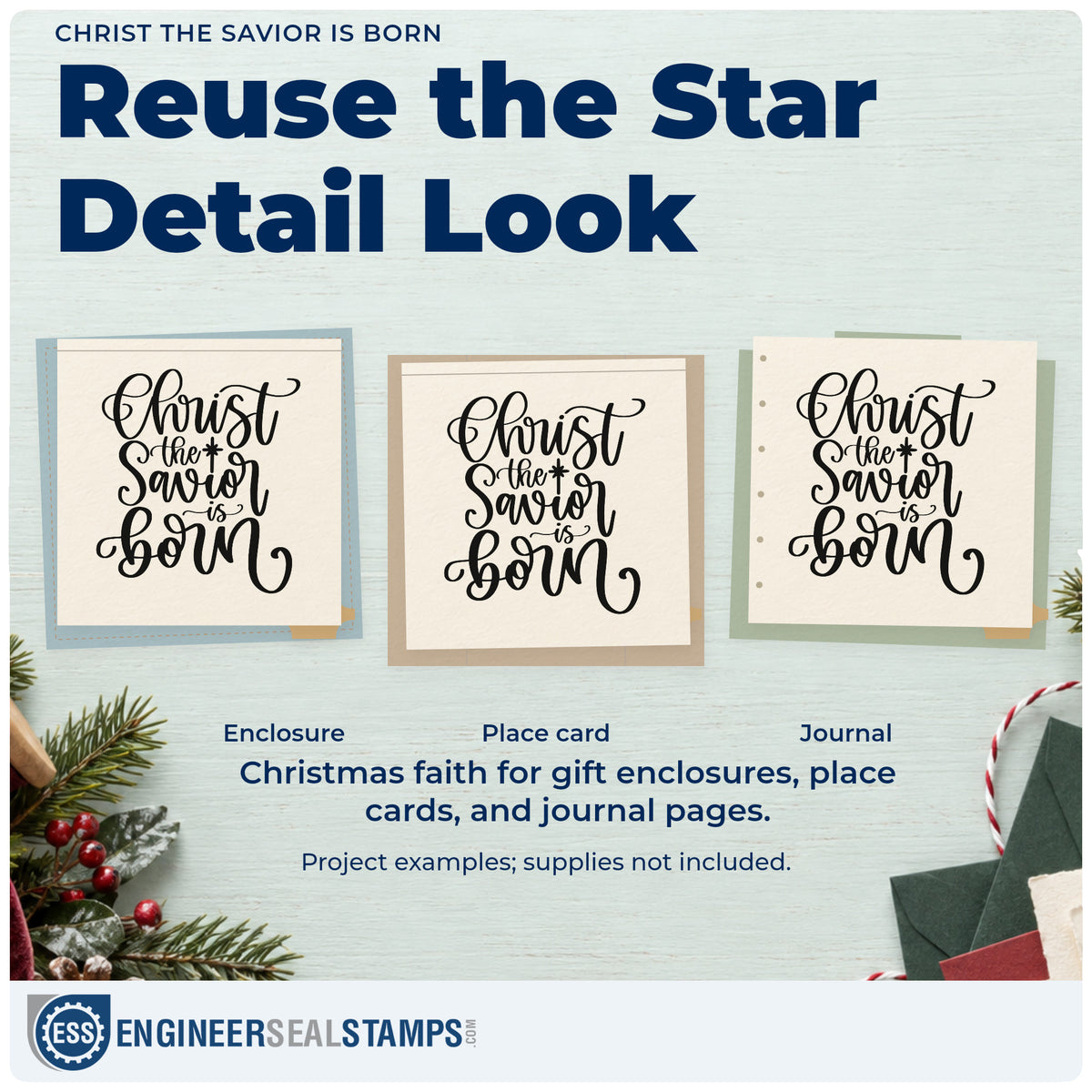 Three project examples made with the Duo Hand Christ The Savior Is Born With Stars Rubber Stamp, including choir practice sheet.