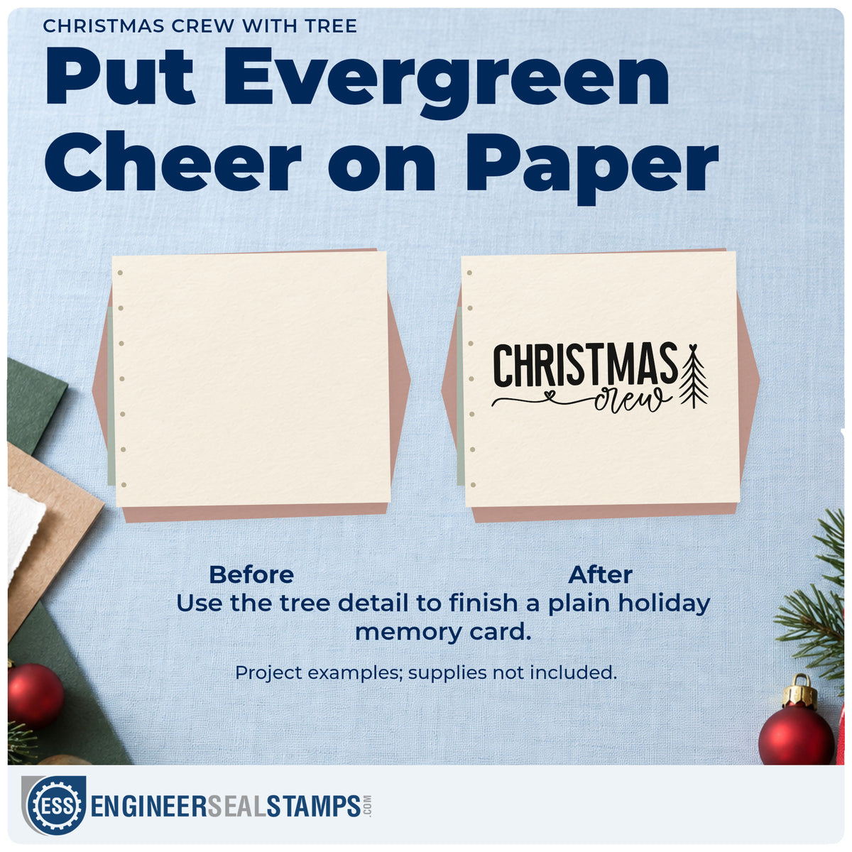 Before and after of a plain item finished with the Christmas Crew With Tree Stamp – Self-Inking, a quick upgrade for framed hallway gallery.