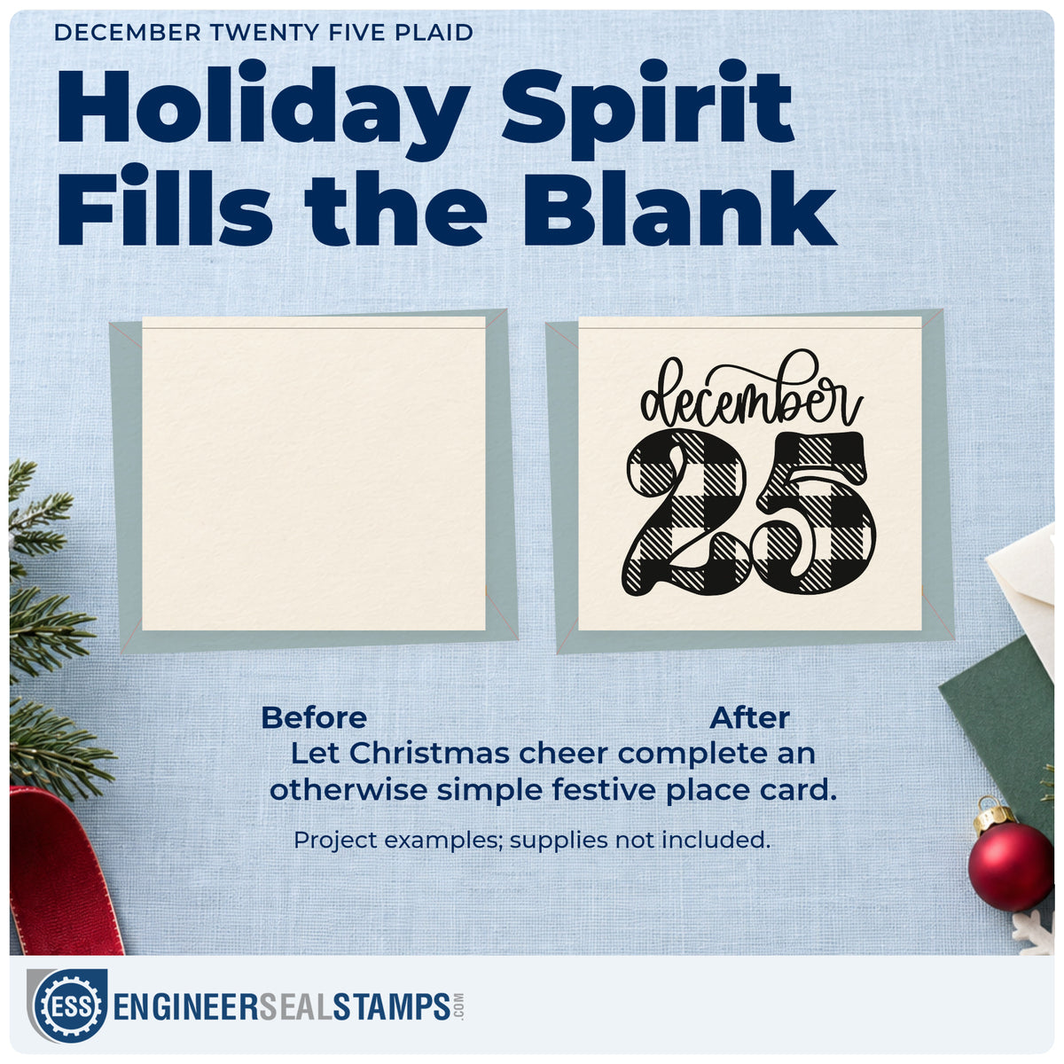 Before and after of a plain item finished with the December Twenty Five Plaid Script Lettering Self-Inking Stamp, a quick upgrade for framed stair landing.