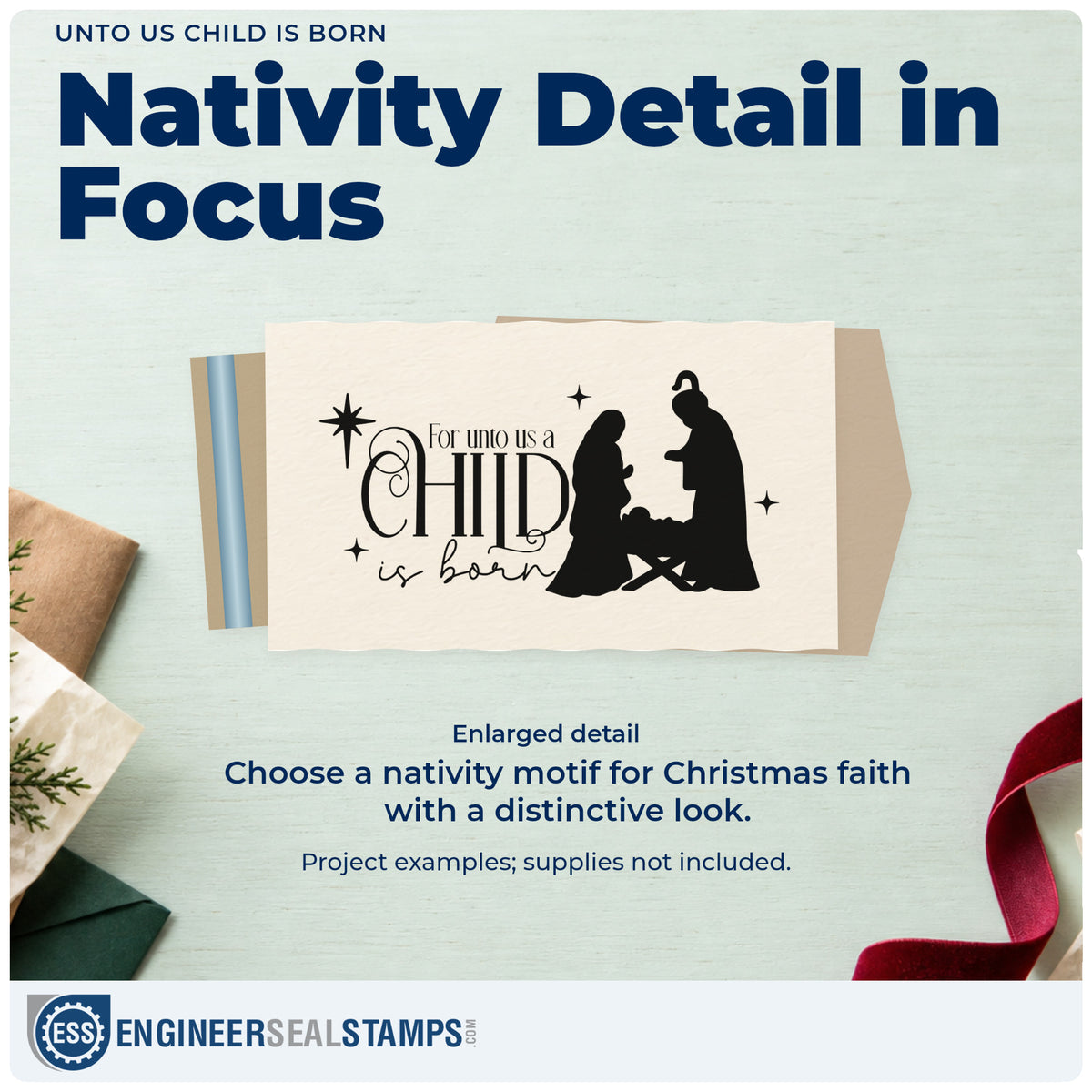 Enlarged detail of the Unto Us Child Is Born Stamp – Premium Vintage Pro Wooden imprint. “For Unto Us a Child Is Born” appears beside a kneeling nativity silhouette and stars.