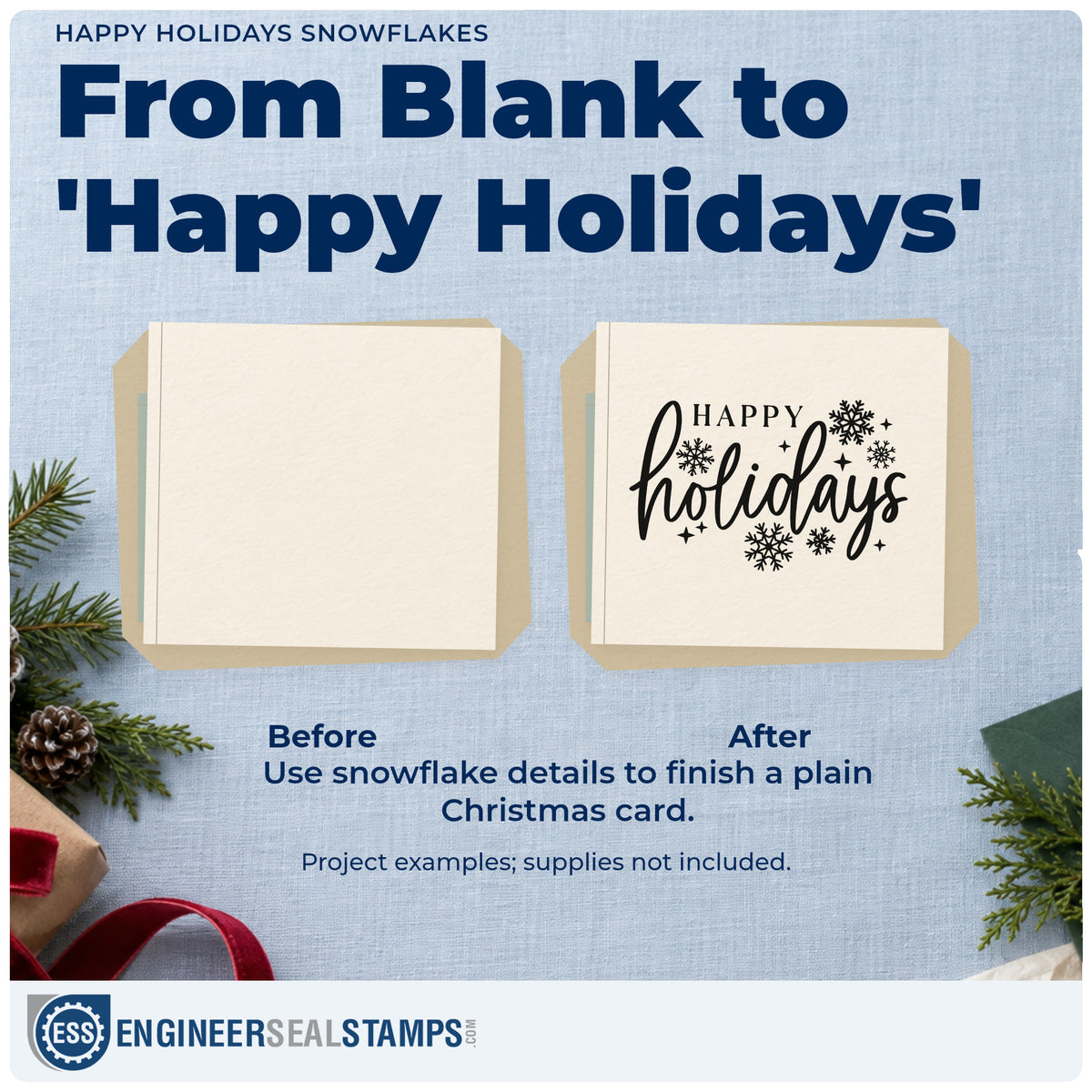 Before and after of a plain item finished with the Happy Holidays Snowflakes Hand Stamp – Duo, a quick upgrade for framed lobby sign.