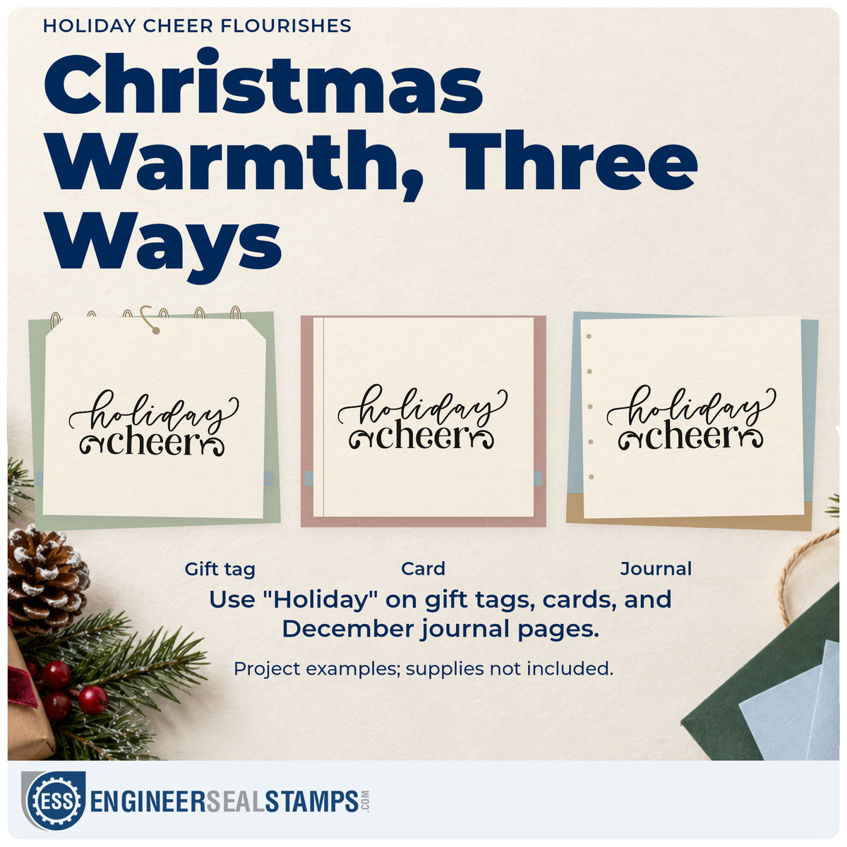 Three project examples made with the Holiday Cheer Flourishes Ornaments Rubber Stamp – Duo Hand, including promo plan sheet.