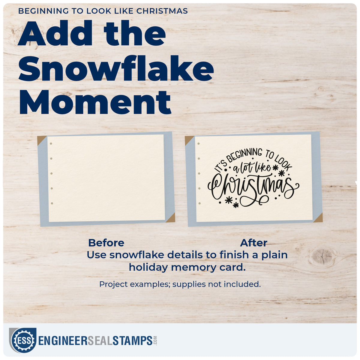Before and after of a plain item finished with the Beginning To Look Like Christmas Self-Inking Stamp, a quick upgrade for framed attic door.