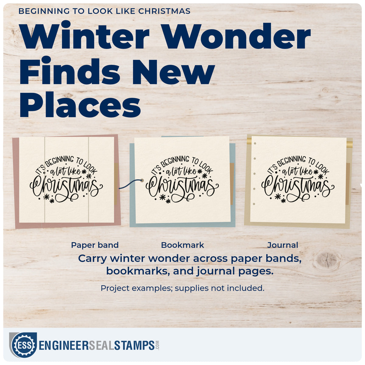 Three project examples made with the Beginning To Look Like Christmas PSI Pre-Inked Stamp, including setup order checklist.