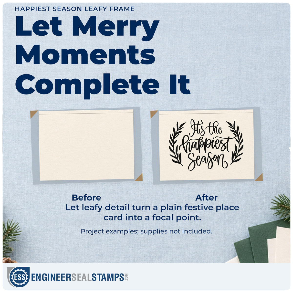 Before and after of a plain item finished with the Happiest Season Leafy Frame Premium Wooden Stamp – Vintage Pro, a quick upgrade for framed desk plaque.