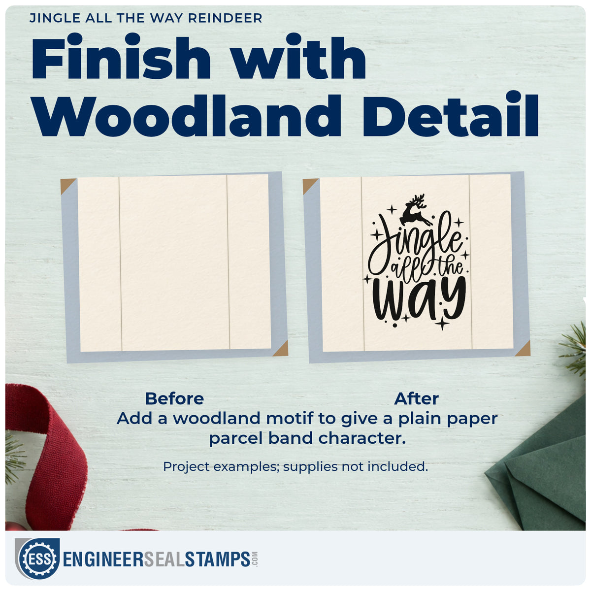 Before and after of a plain item finished with the Jingle All The Way Reindeer Hand Stamp – Duo, a quick upgrade for framed playroom door.