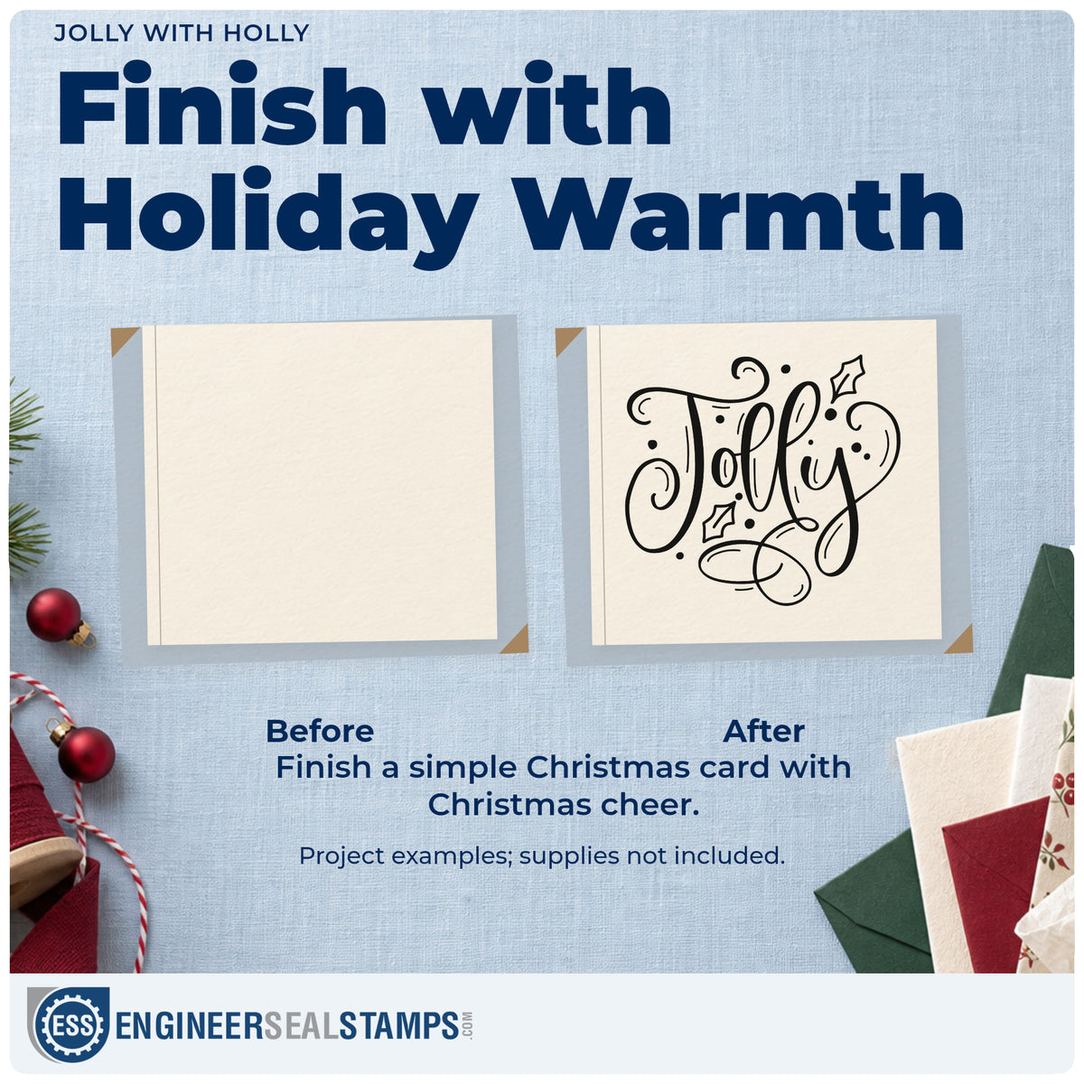 Before and after of a plain item finished with the Self-Inking Jolly With Holly Leaf Accents Stamp, a quick upgrade for framed shelf letters.