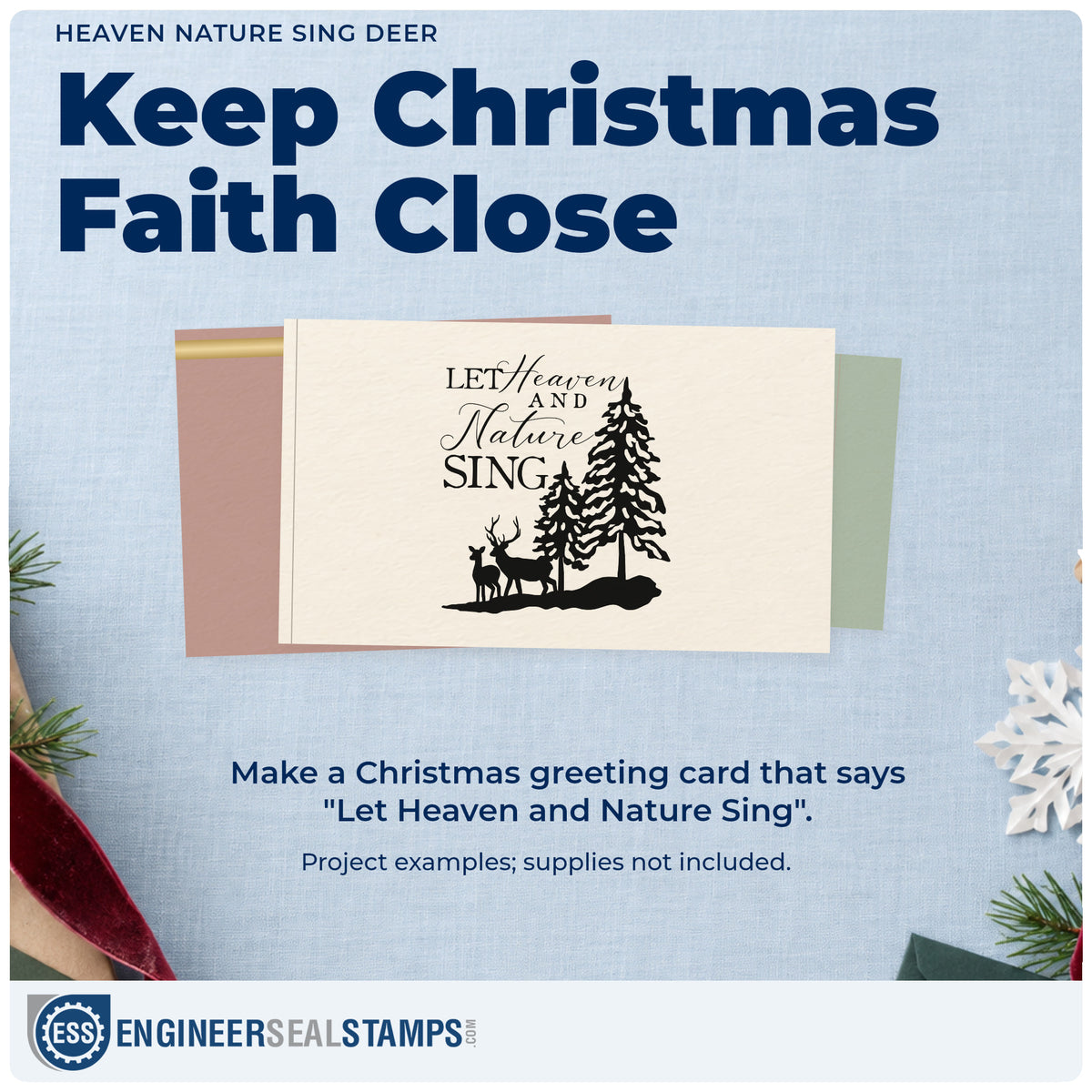 A finished handmade project stamped with the Heaven Nature Sing Deer Pine Motif Compact Pre-Inked Stamp – Slim, ideal for deer cards.