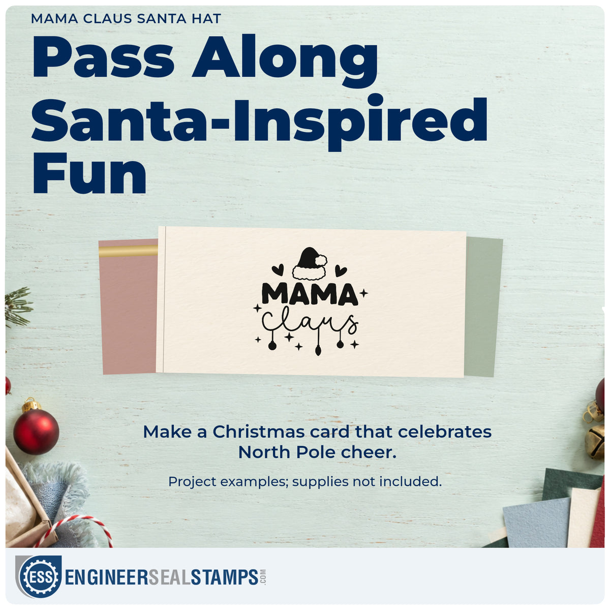 A finished handmade project stamped with the Slim Pre-Inked Mama Claus Santa Hat Ornaments Stamp, ideal for mom album page.