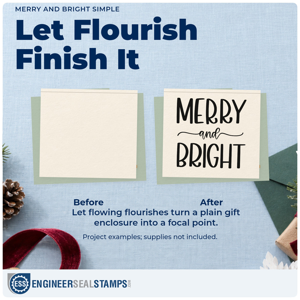 Before and after of a plain item finished with the Merry And Bright Simple Pre-Inked Stamp – Slim, a quick upgrade for framed transom panel.