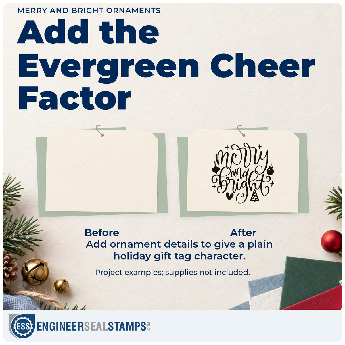 Before and after of a plain item finished with the Merry And Bright Ornaments Tree Motif Pre-Inked Stamp – PSI, a quick upgrade for framed craft room wall.