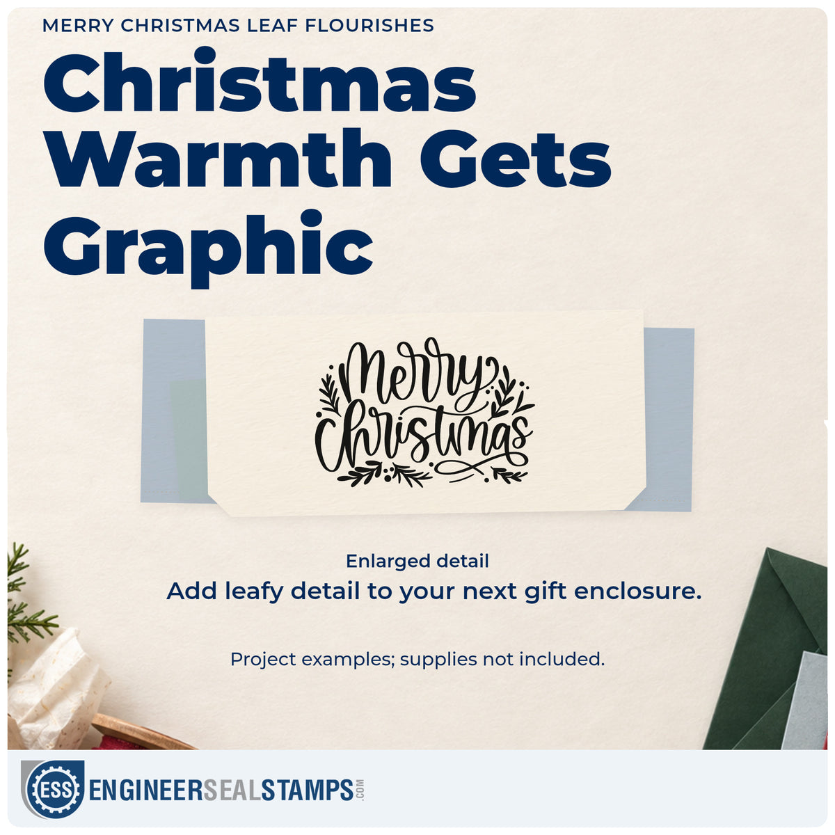 Enlarged detail of the Merry Christmas Leaf Flourishes Stamp – Self-Inking imprint. “Merry Christmas” is surrounded by leafy branches, dots, and looping strokes.