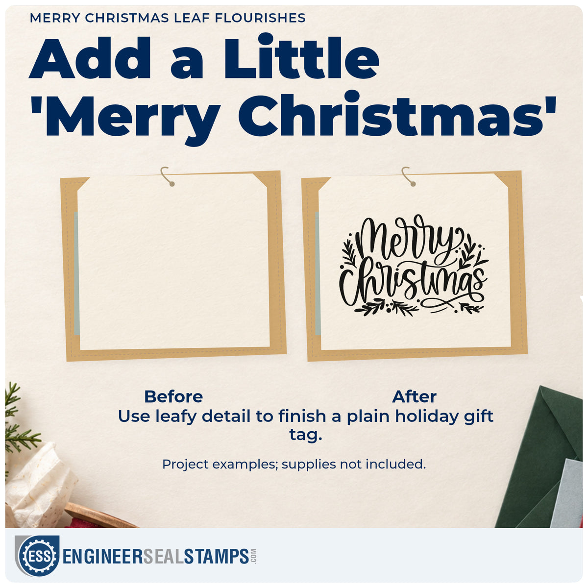 Before and after of a plain item finished with the Merry Christmas Leaf Flourishes Premium Wooden Stamp – Vintage Pro, a quick upgrade for framed greenhouse wall.