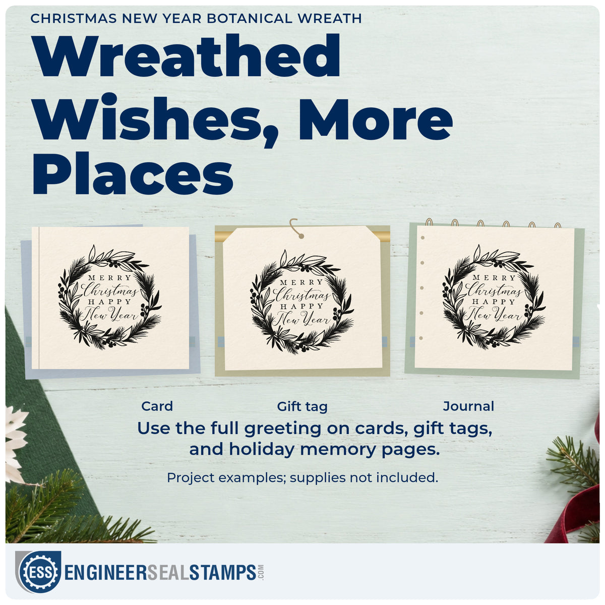 Three project examples made with the Christmas New Year Botanical Wreath Rubber Stamp – Duo Hand, including two week plan sheet.