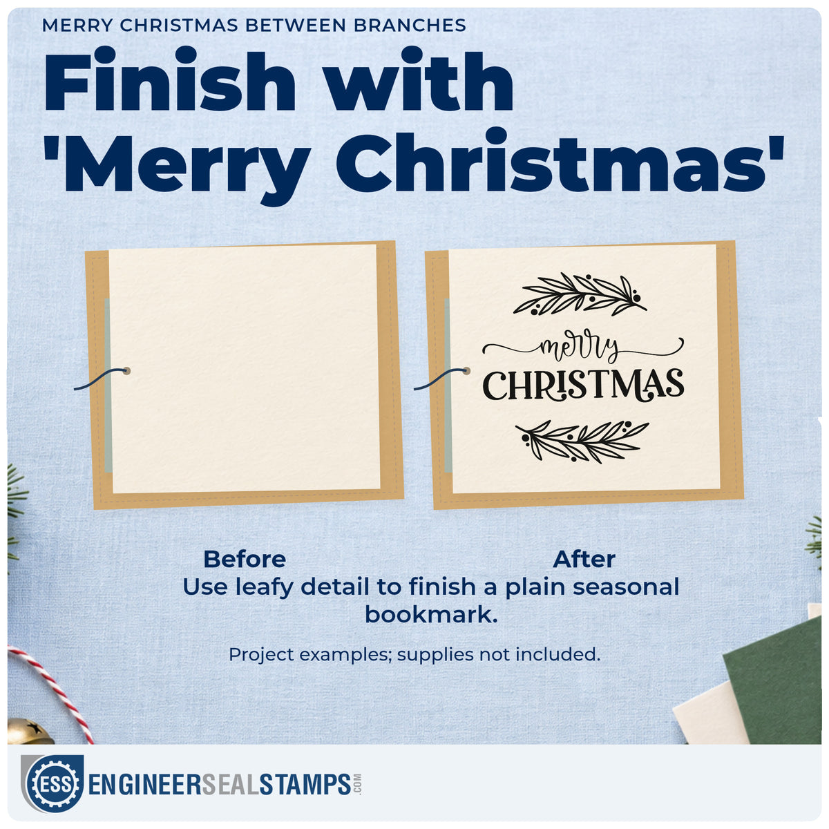 Before and after of a plain item finished with the Merry Christmas Between Branches Pre-Inked Stamp – Slim, a quick upgrade for framed over mantel.